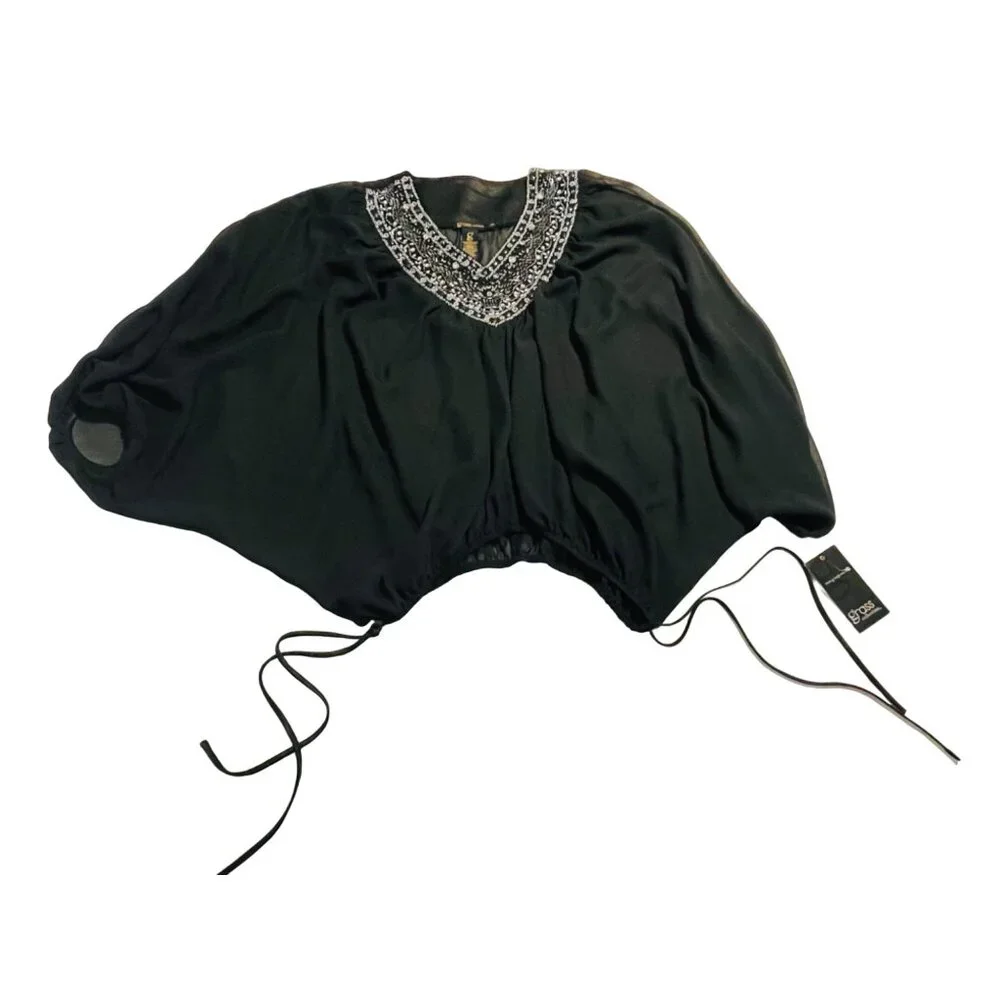 Grass Collection Black Batwing Blouse With Embellished Neckline Women’s Small - Picture 2 of 9